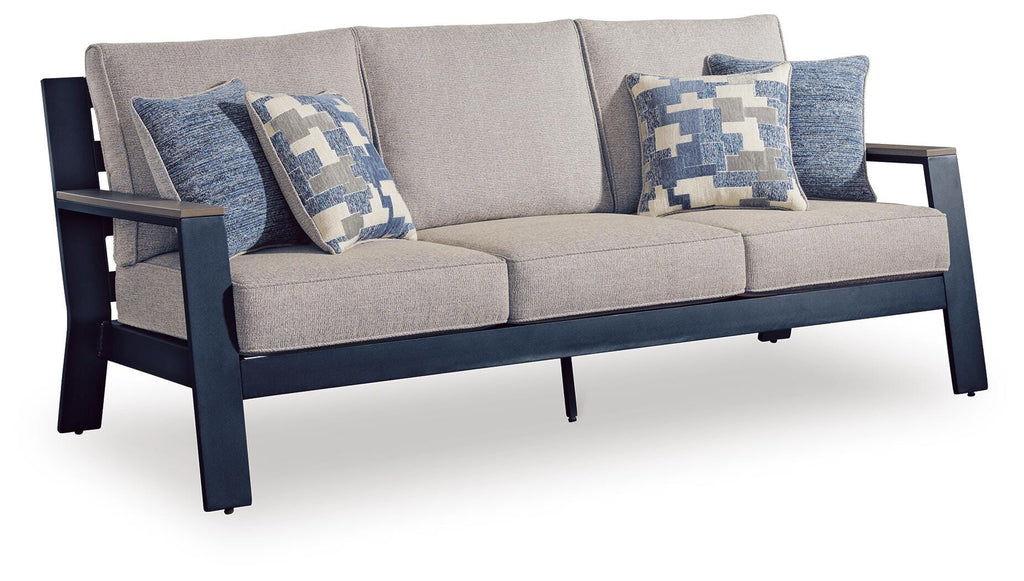 East Beach Outdoor Sofa with Cushion in Navy Blue/Driftwood, angle view