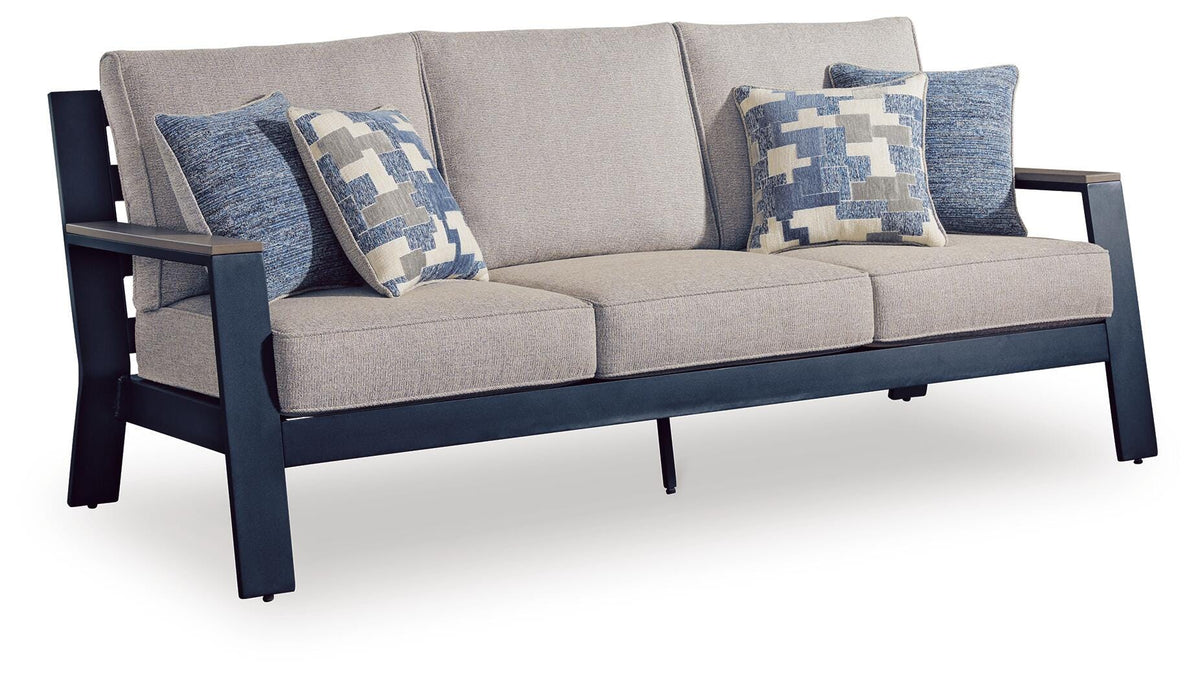 East Beach Outdoor Sofa with Cushion in Navy Blue/Driftwood, angle view