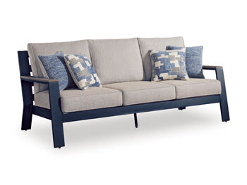 East Beach Outdoor Sofa with Cushion in Navy Blue/Driftwood, angle view