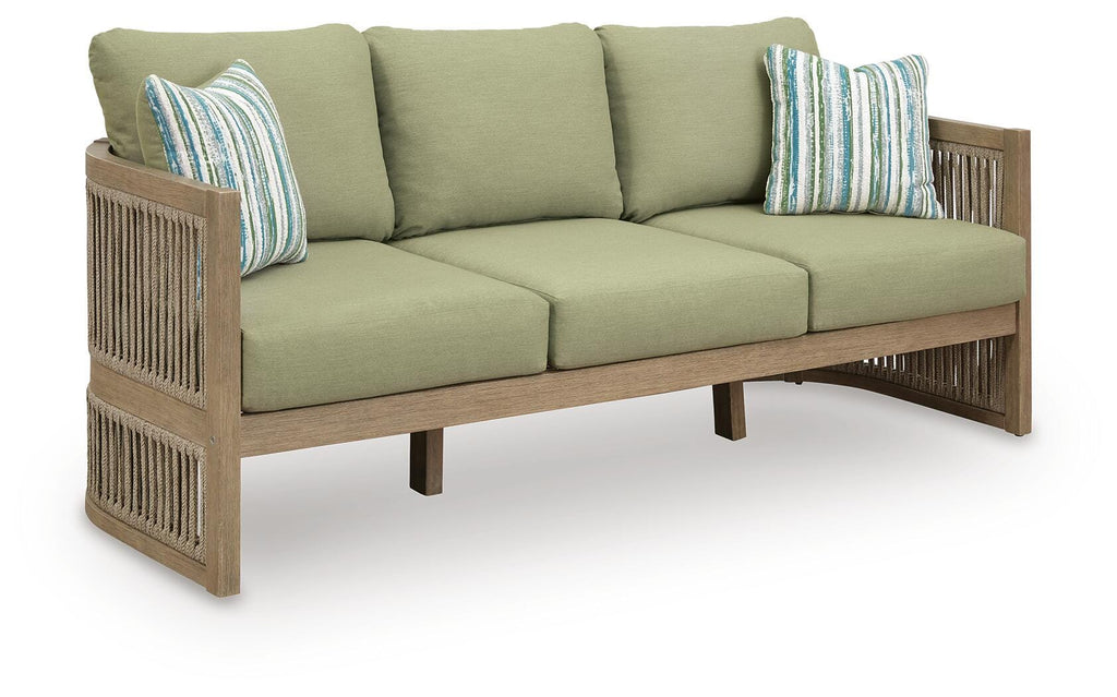 Serena Shores Outdoor Sofa with Cushion in Beige/Green, angle view