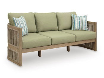 Serena Shores Outdoor Sofa with Cushion in Beige/Green, angle view