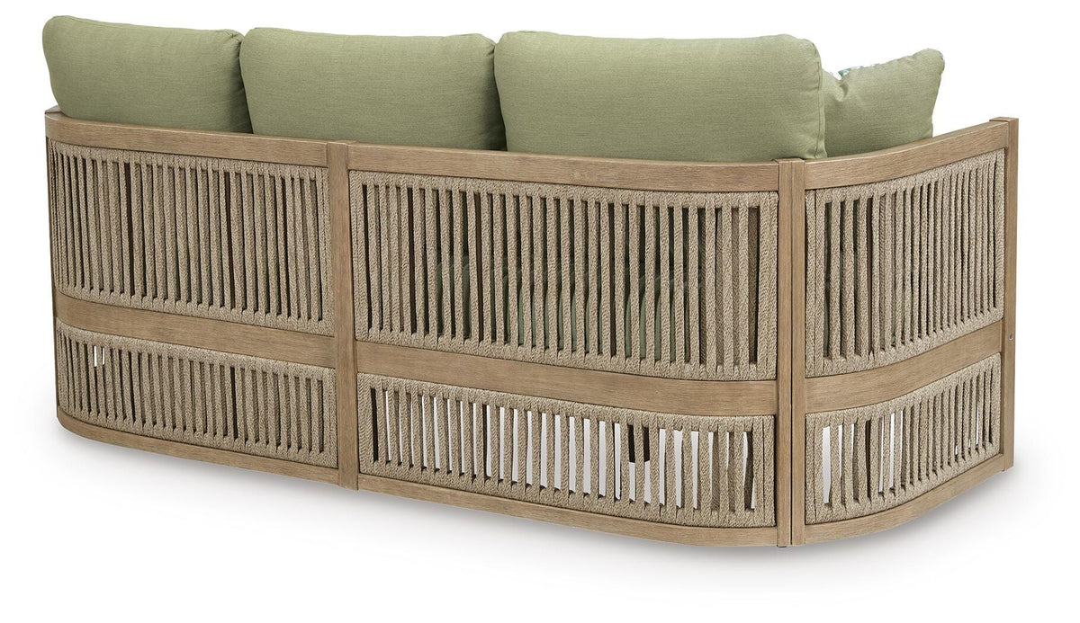 Serena Shores Outdoor Sofa with Cushion in Beige/Green, back view