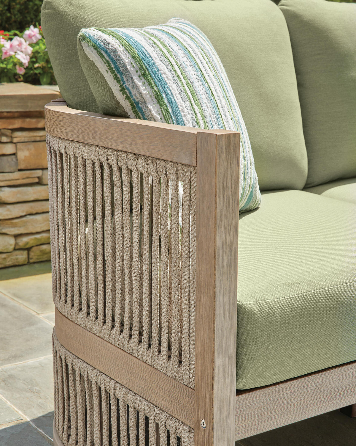 Serena Shores Outdoor Sofa with Cushion in Beige/Green, detail view
