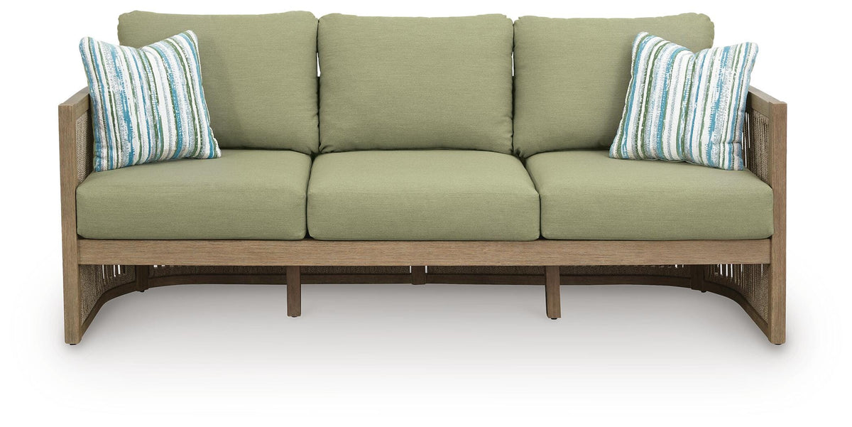 Serena Shores Outdoor Sofa with Cushion in Beige/Green, front view