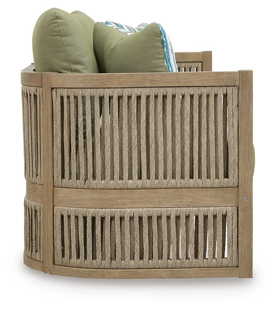Serena Shores Outdoor Sofa with Cushion in Beige/Green, side view