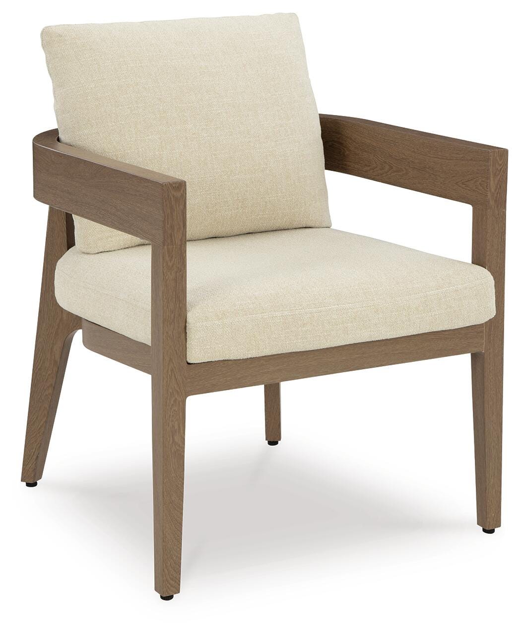 Serene Bay Outdoor Dining Arm Chair with Cushion (Set of 2) in Dark Brown/White, angle view