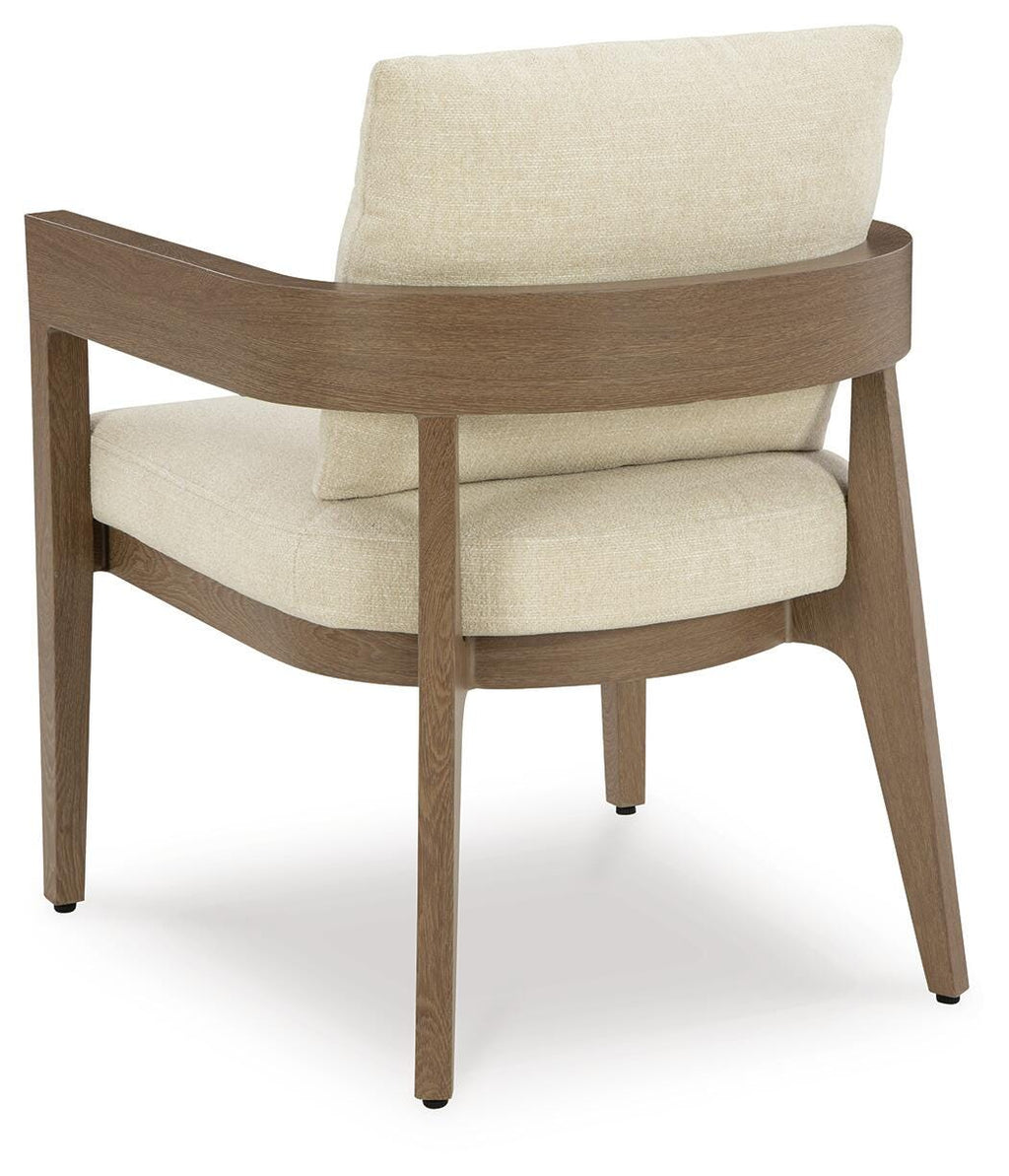 Serene Bay Outdoor Dining Arm Chair with Cushion (Set of 2) in Dark Brown/White, back view