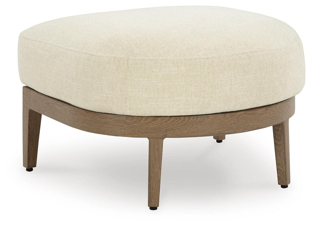 Serene Bay Outdoor Ottoman with Cushion in Dark Brown/White, angle view