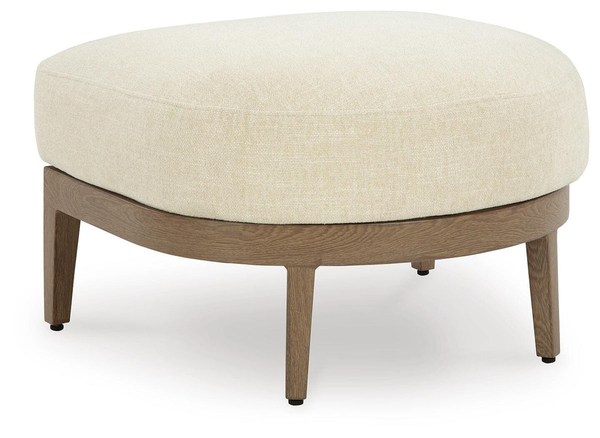 Serene Bay Outdoor Ottoman with Cushion in Dark Brown/White, angle view