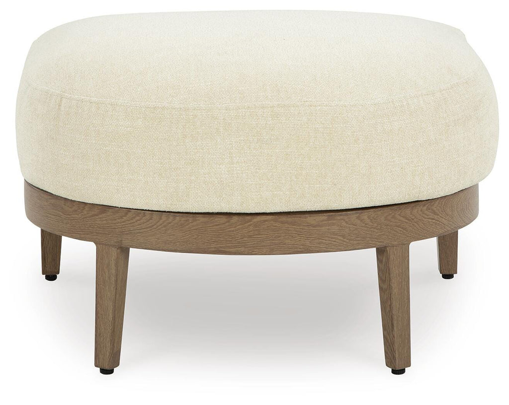 Serene Bay Outdoor Ottoman with Cushion in Dark Brown/White, front view