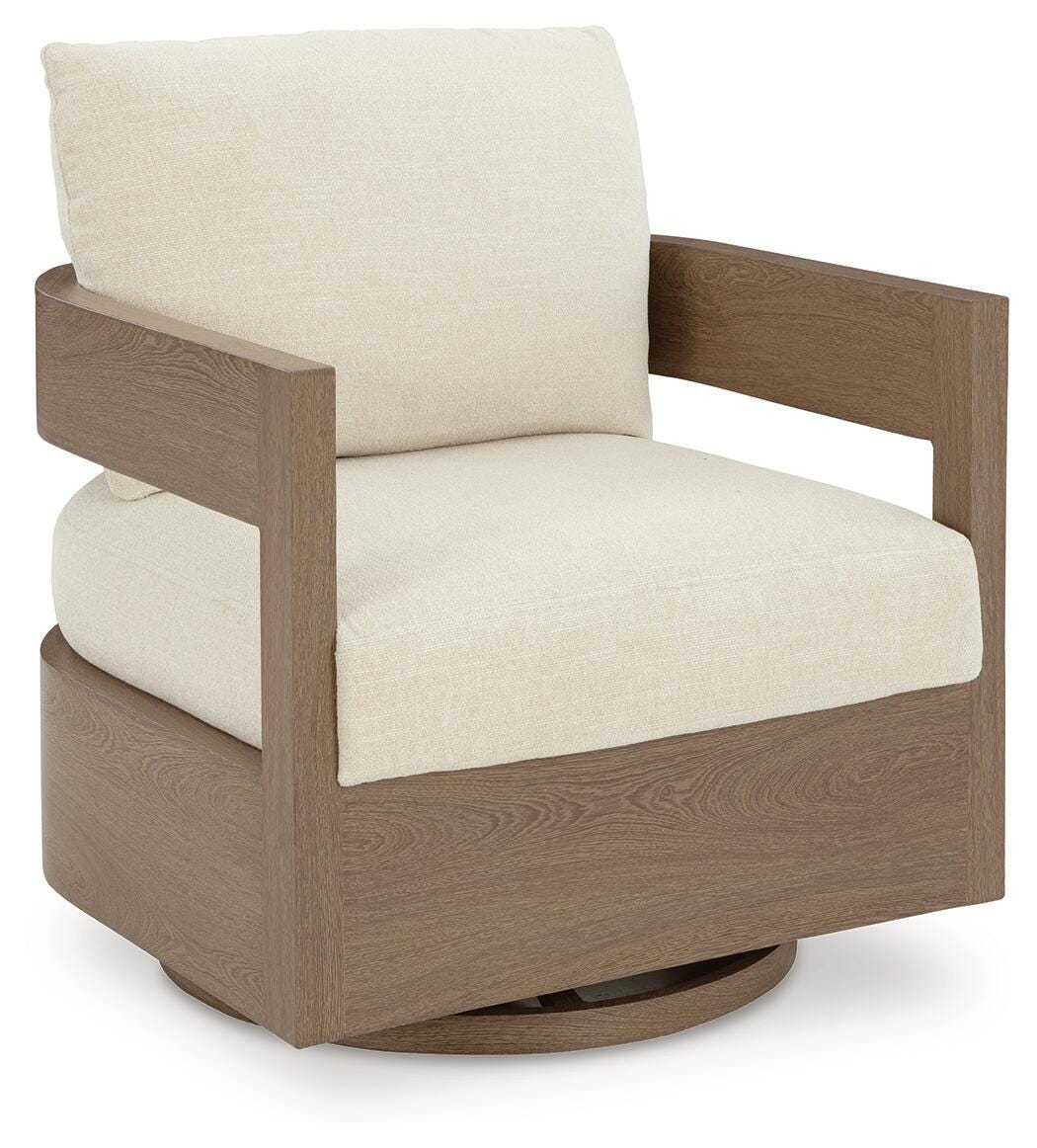 Serene Bay Outdoor Swivel Glider Chair with Cushion in Dark Brown/White, angle view