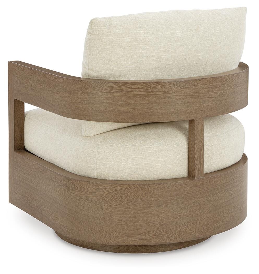 Serene Bay Outdoor Swivel Glider Chair with Cushion in Dark Brown/White, back view
