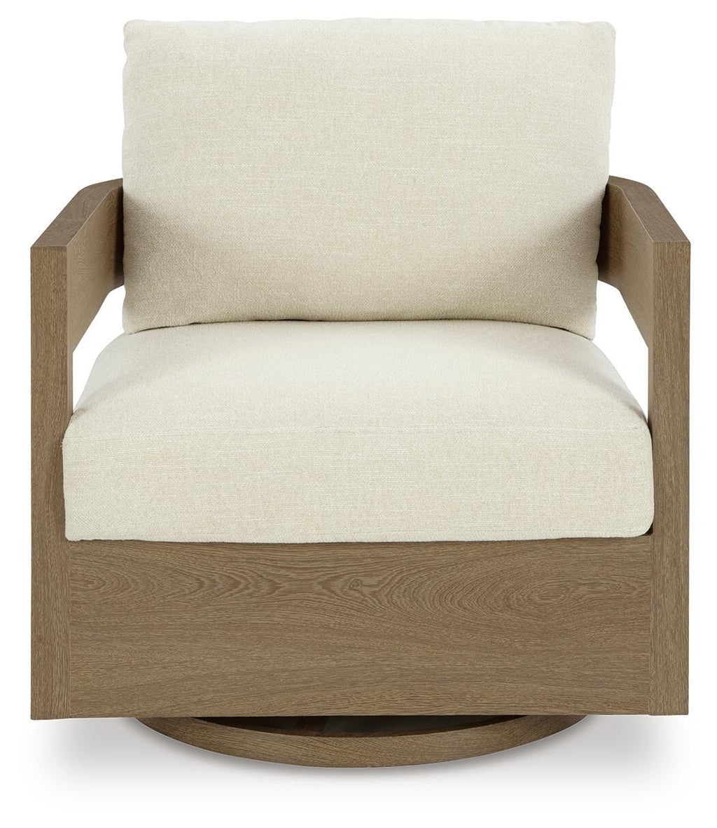 Serene Bay Outdoor Swivel Glider Chair with Cushion in Dark Brown/White, front view