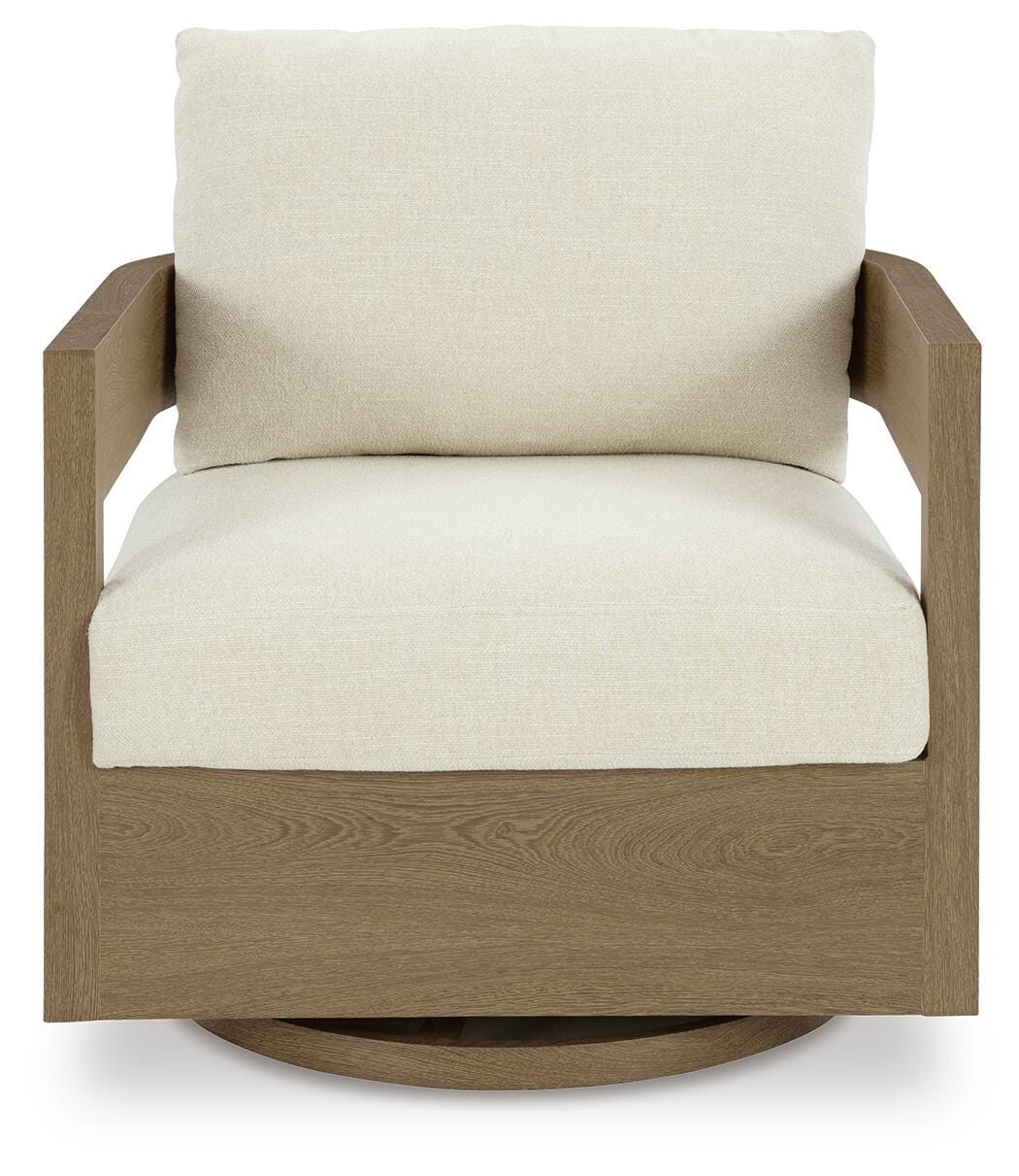 Serene Bay Outdoor Swivel Glider Chair with Cushion in Dark Brown/White, front view