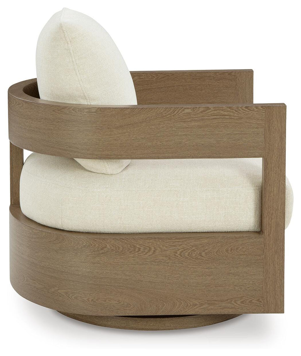 Serene Bay Outdoor Swivel Glider Chair with Cushion in Dark Brown/White, side view