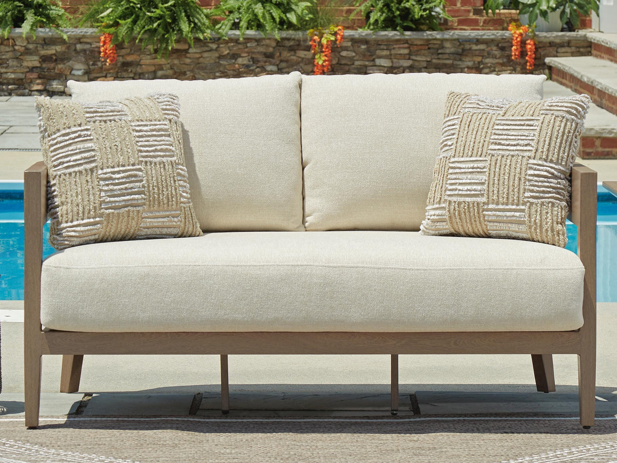 Serene Bay Outdoor Loveseat with Cushion in Dark Brown/White, lifestyle view