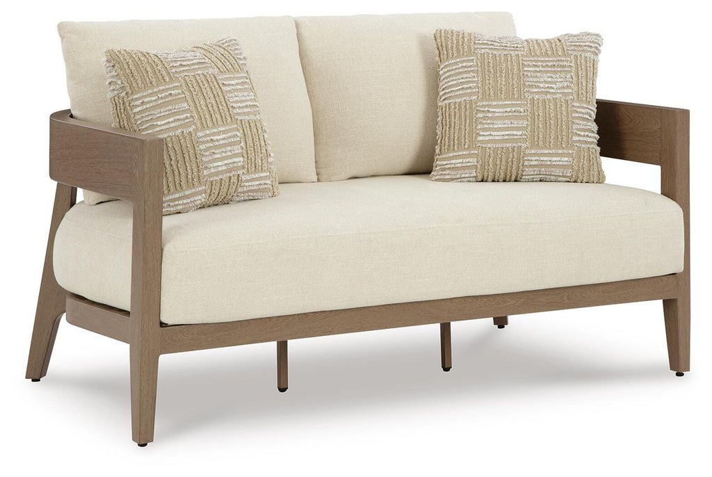 Serene Bay Outdoor Loveseat with Cushion in Dark Brown/White, angle view