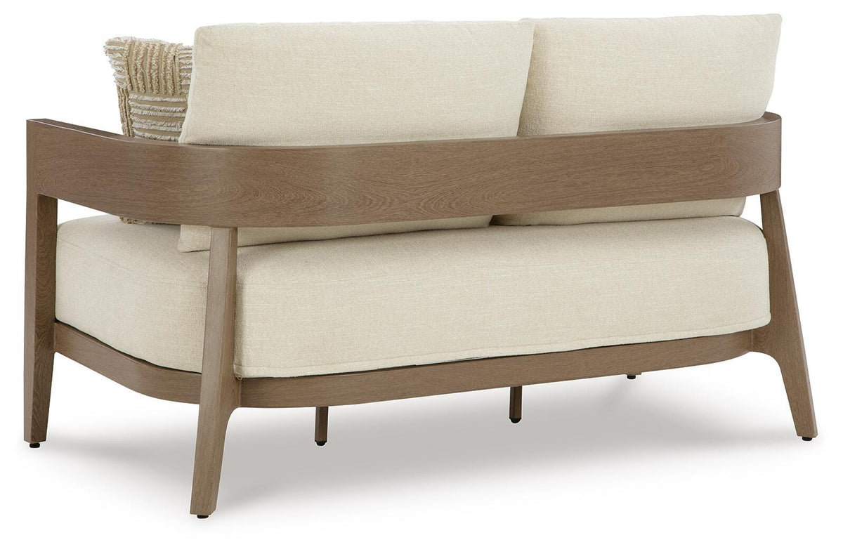 Serene Bay Outdoor Loveseat with Cushion in Dark Brown/White, back view