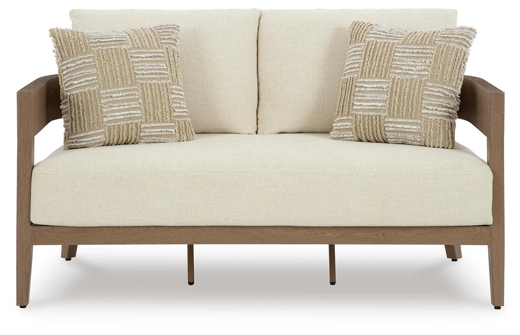Serene Bay Outdoor Loveseat with Cushion in Dark Brown/White, front view