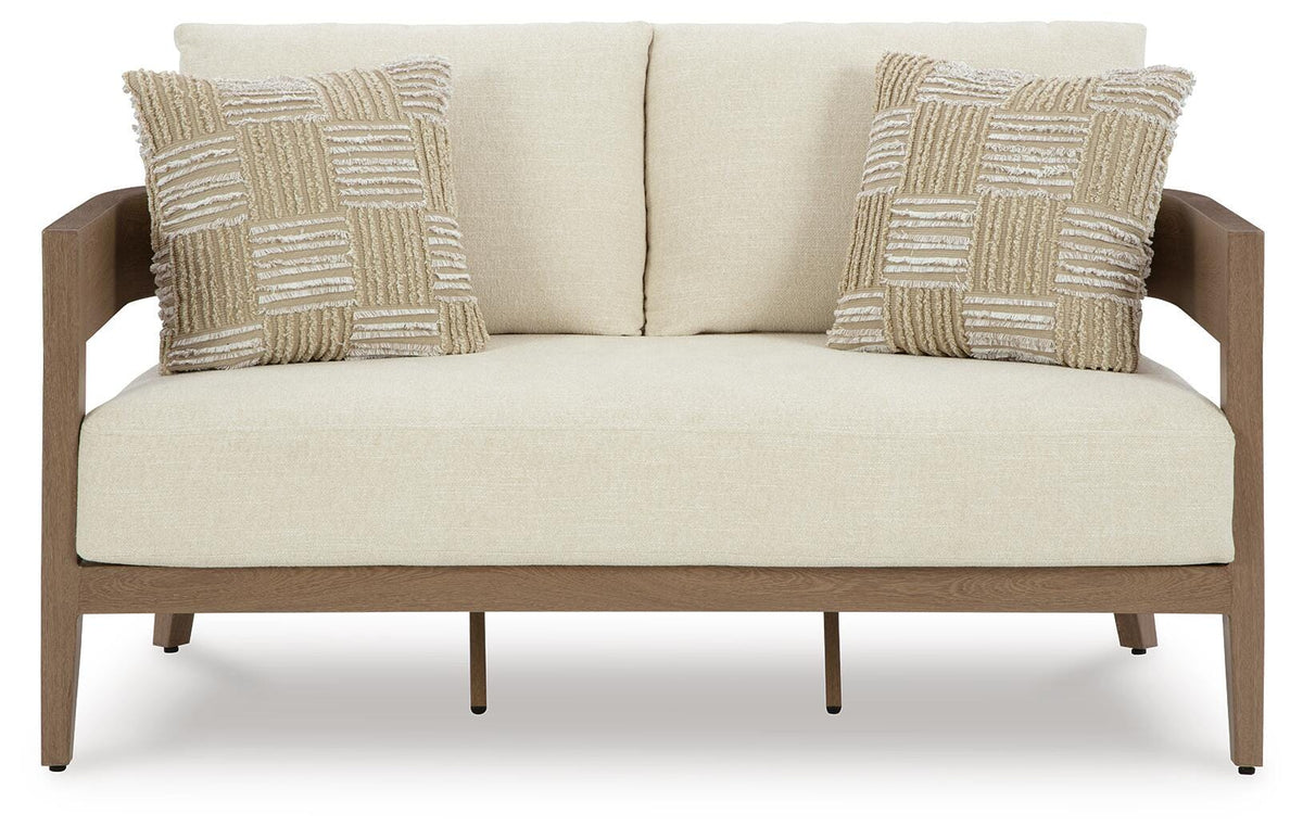 Serene Bay Outdoor Loveseat with Cushion in Dark Brown/White, front view