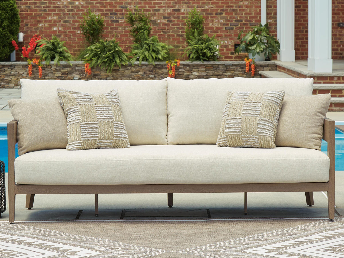 Serene Bay Outdoor Sofa with Cushion in Dark Brown/White, lifestyle view
