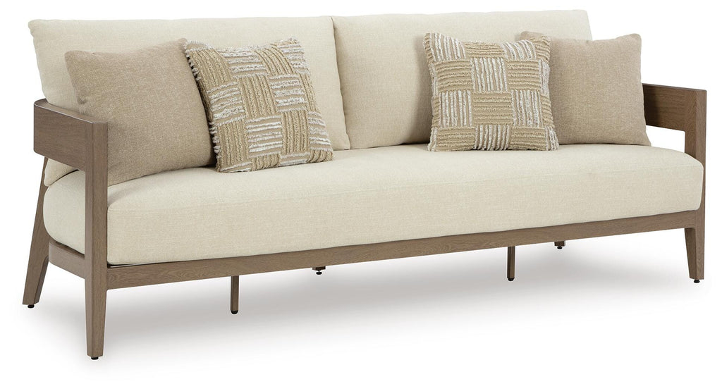 Serene Bay Outdoor Sofa with Cushion in Dark Brown/White, angle view