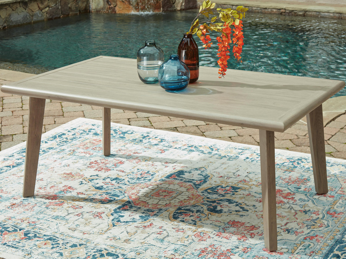 Cliff Trails Outdoor Dining Table in Beige, lifestyle view