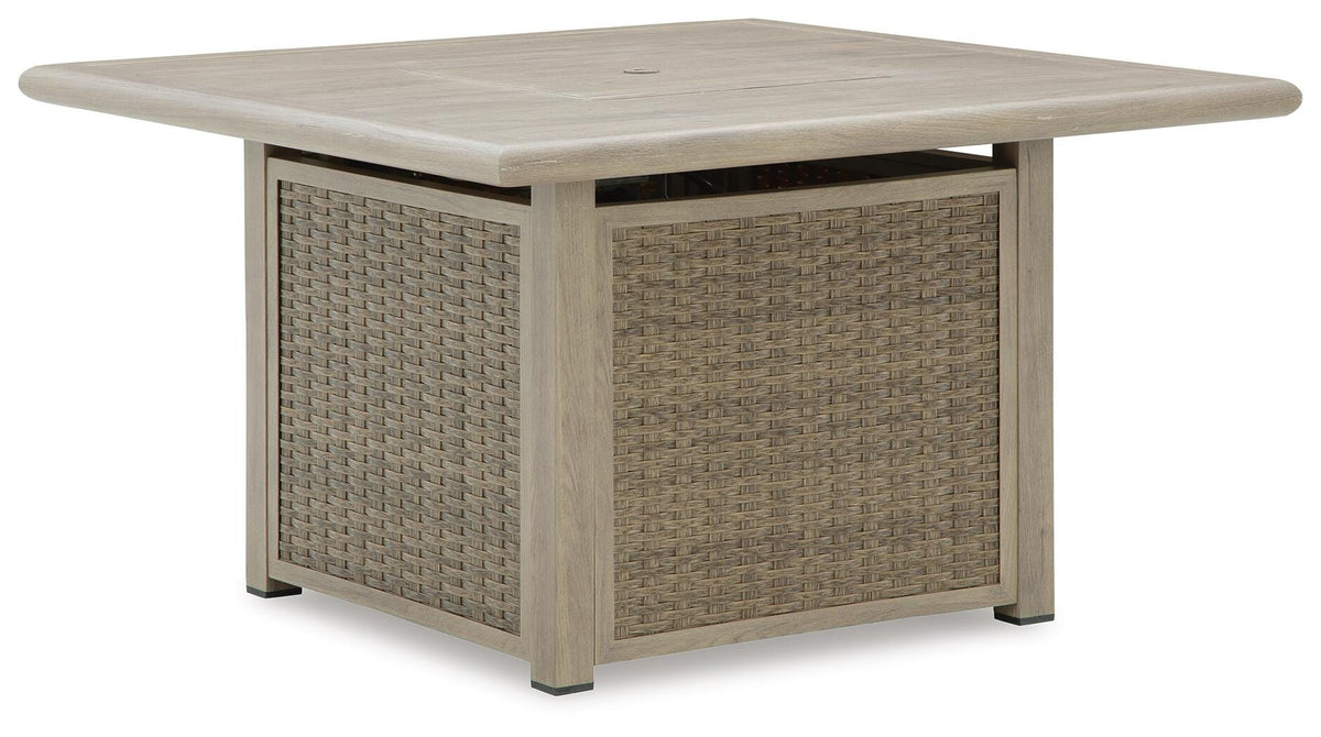 Cliff Trails Fire Pit Table in Beige, closed view