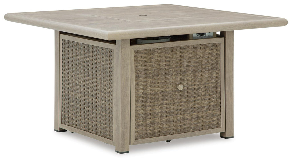 Cliff Trails Fire Pit Table in Beige, back view