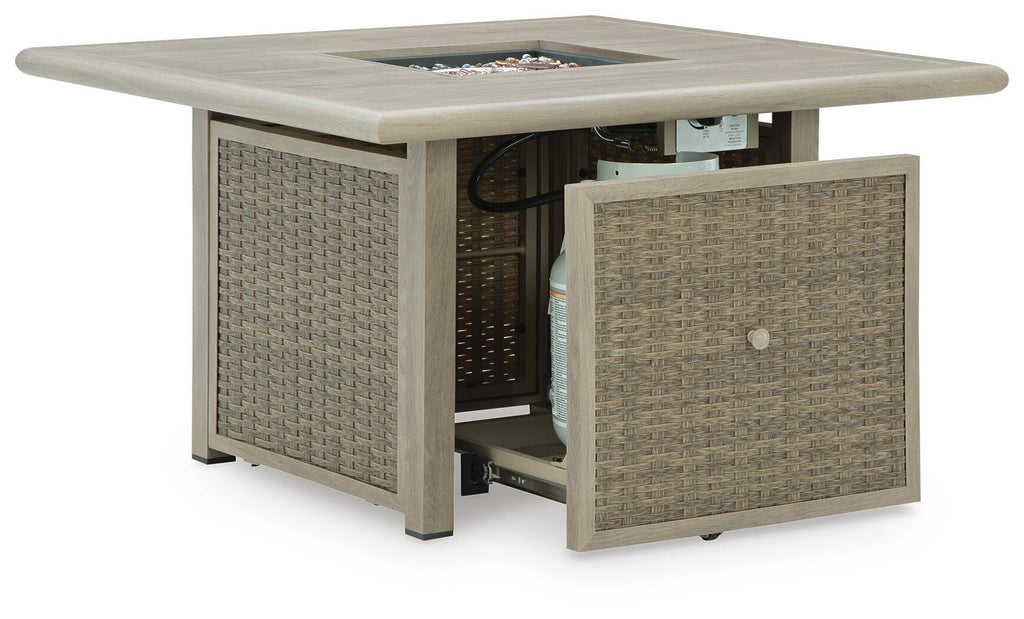 Cliff Trails Fire Pit Table in Beige, back view