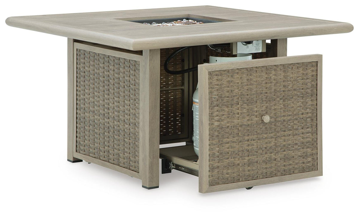 Cliff Trails Fire Pit Table in Beige, back view