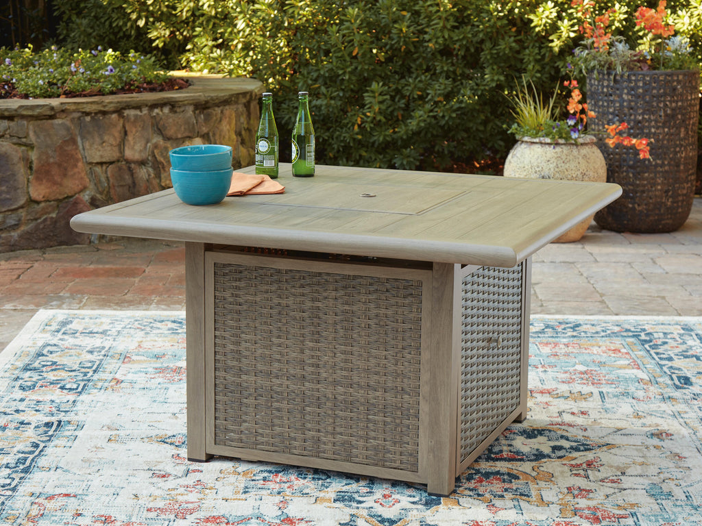 Cliff Trails Fire Pit Table in Beige, closed view