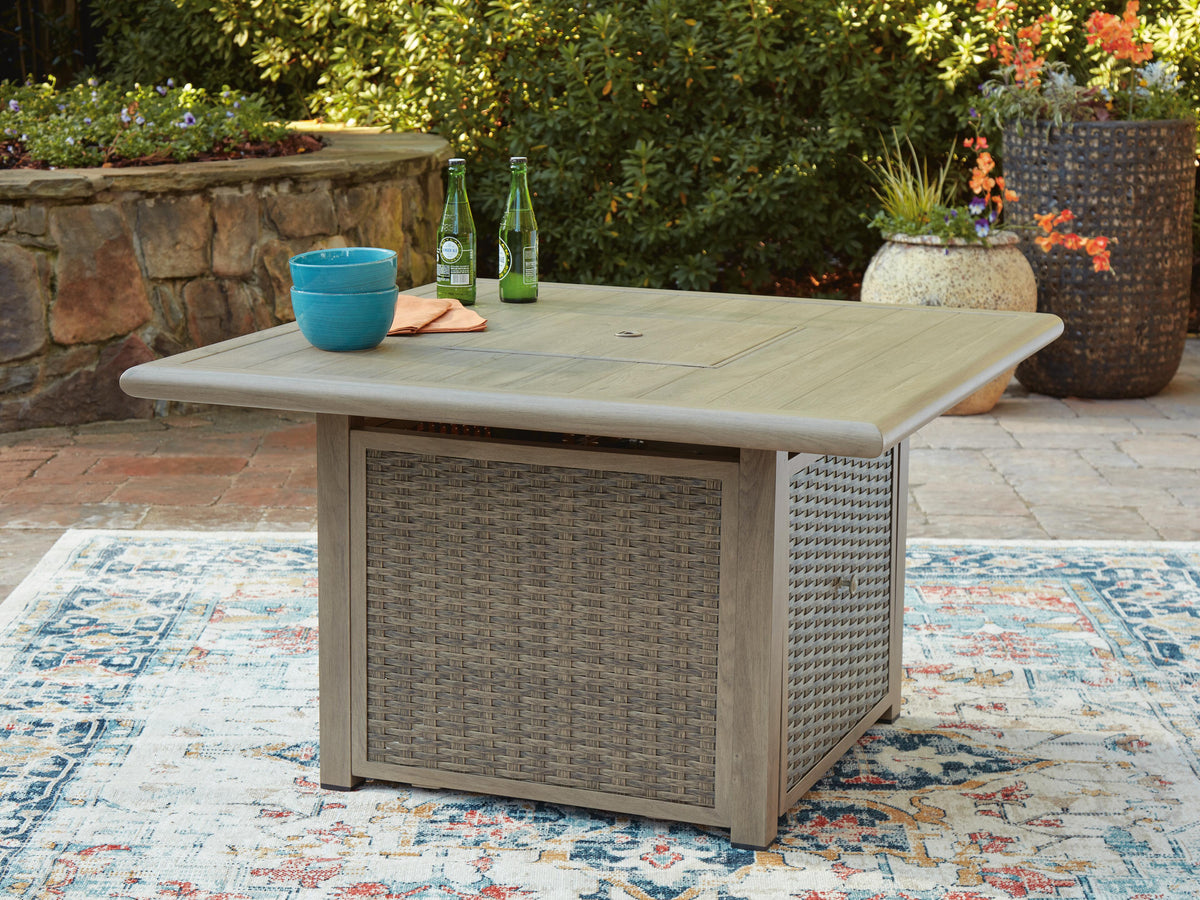 Cliff Trails Fire Pit Table in Beige, closed view