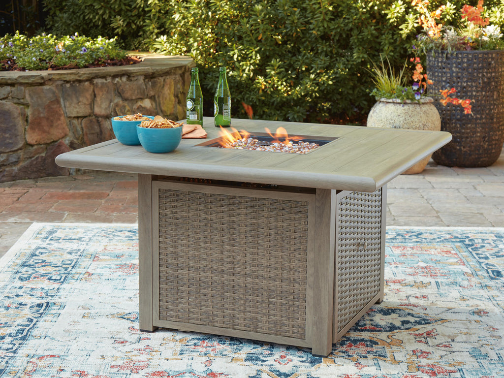 Cliff Trails Fire Pit Table in Beige, lifestyle view