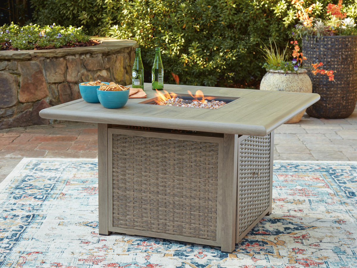 Cliff Trails Fire Pit Table in Beige, lifestyle view