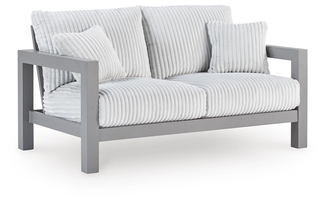 Hurley Park Outdoor Loveseat with Cushion in Gray, angle view
