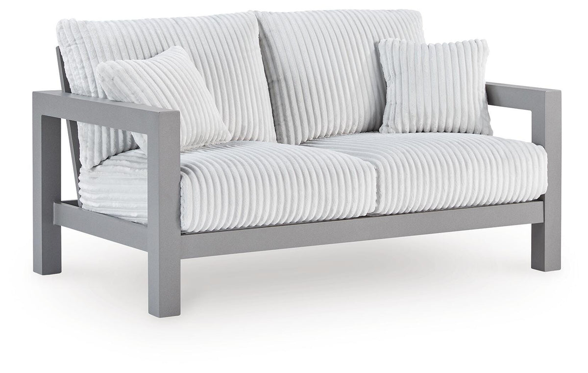 Hurley Park Outdoor Loveseat with Cushion in Gray, angle view