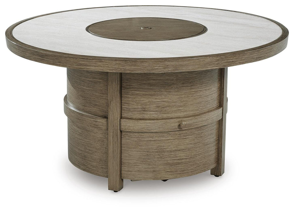 Rainier Ranch Fire Pit Table in Beige, closed view