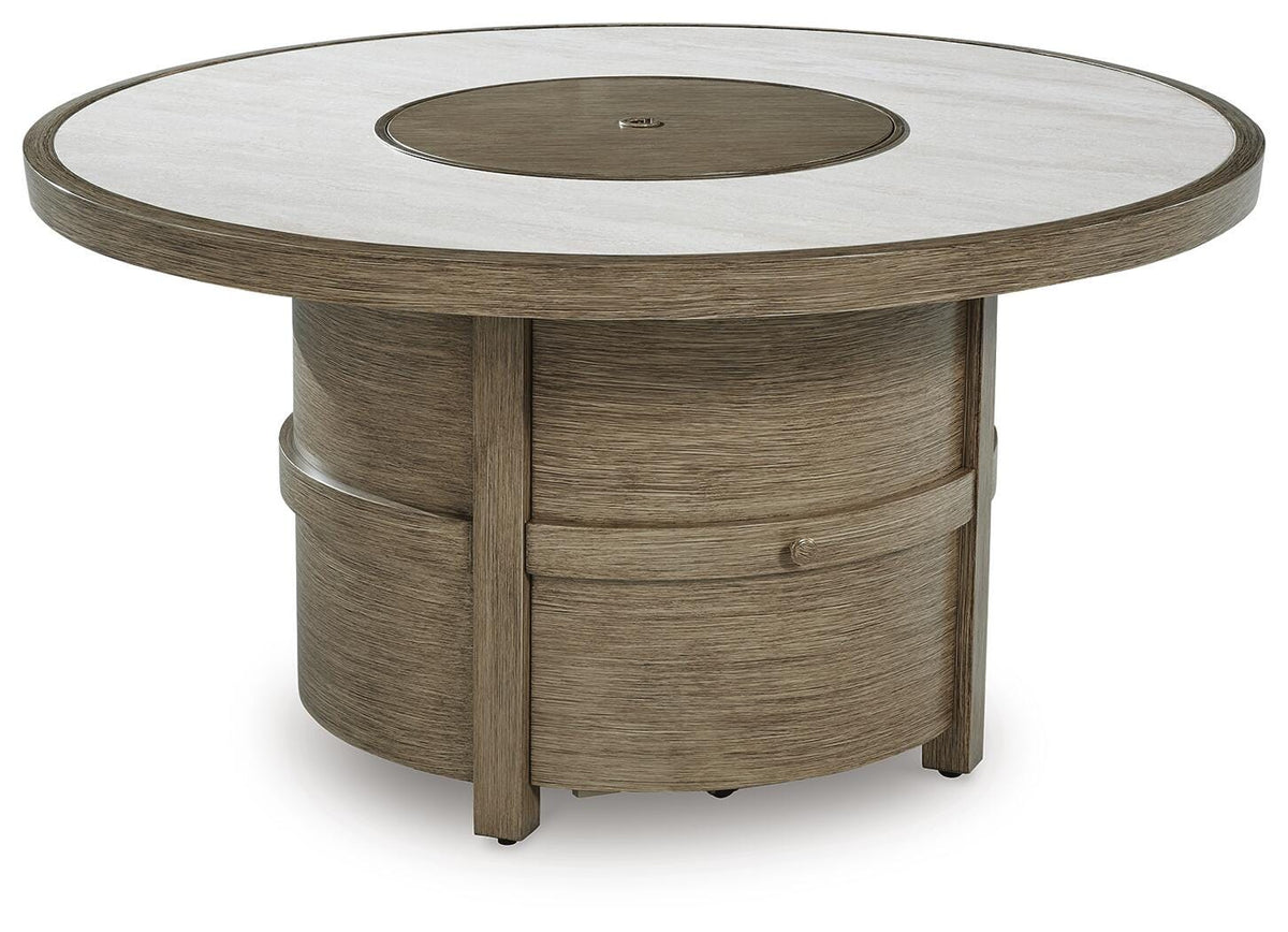 Rainier Ranch Fire Pit Table in Beige, closed view
