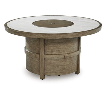 Rainier Ranch Fire Pit Table in Beige, closed view