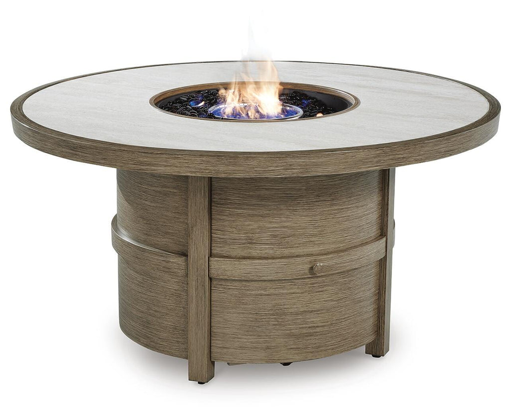 Rainier Ranch Fire Pit Table in Beige, angle view
