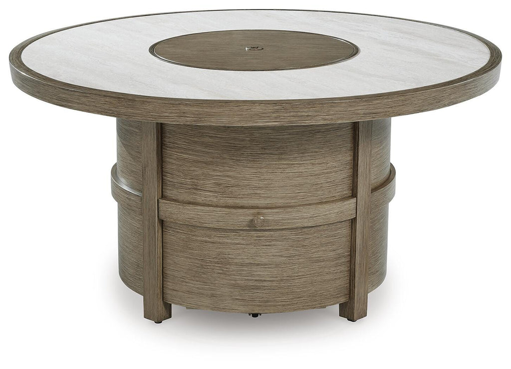 Rainier Ranch Fire Pit Table in Beige, front view