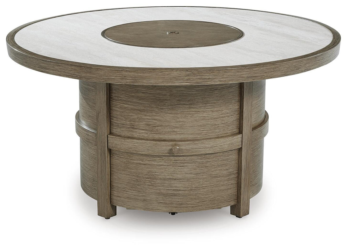 Rainier Ranch Fire Pit Table in Beige, front view