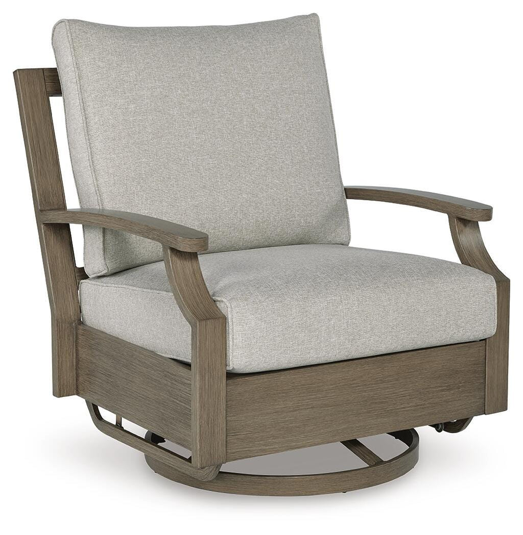 Rainier Ranch Outdoor Swivel Glider Chair with Cushion in Brown/Beige, angle view