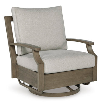 Rainier Ranch Outdoor Swivel Glider Chair with Cushion in Brown/Beige, angle view