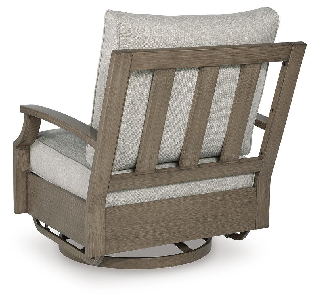 Rainier Ranch Outdoor Swivel Glider Chair with Cushion in Brown/Beige, back view