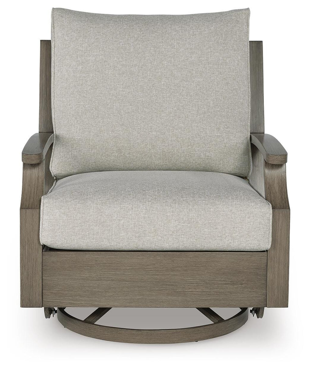 Rainier Ranch Outdoor Swivel Glider Chair with Cushion in Brown/Beige, front view