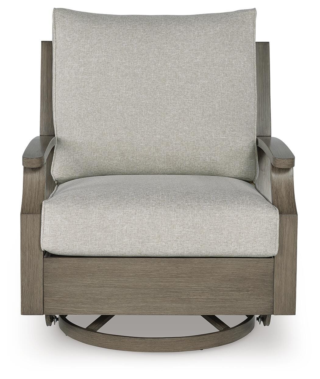 Rainier Ranch Outdoor Swivel Glider Chair with Cushion in Brown/Beige, front view