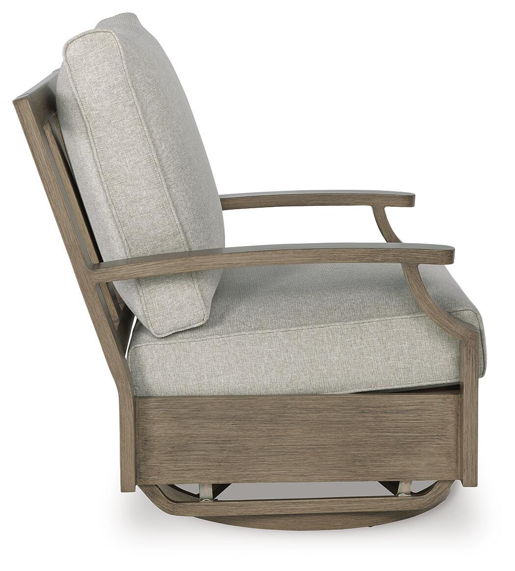 Rainier Ranch Outdoor Swivel Glider Chair with Cushion in Brown/Beige, side view