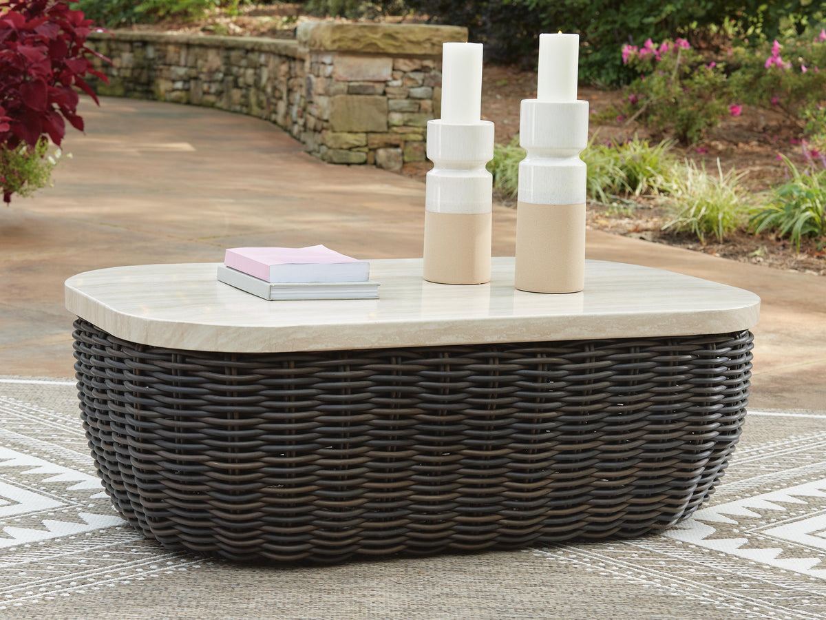 Kimora Outdoor Coffee Table in Beige/Dark Brown, lifestyle view